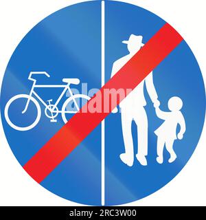 Österreichisches Verkehrszeichen am Ende eines gemeinsam genutzten Weges mit getrennten Spuren, linke Spur für Fahrräder und rechte Spur für Fußgänger. Stockfoto