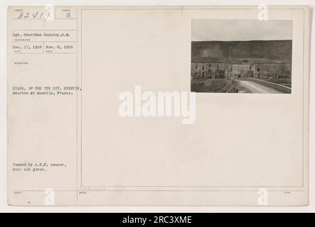 Sergeant Sheridan McAuley vom Signalkorps fotografierte das Hauptquartier der 7. Division in Euzev in Meurthe et Moselle, Frankreich. Das Foto wurde am 8. November 1918 aufgenommen und vom A.E.F.-Zensor angenommen. Es wurde zur offiziellen Verwendung herausgegeben und unter dem Fotografen Nummer B katalogisiert Stockfoto