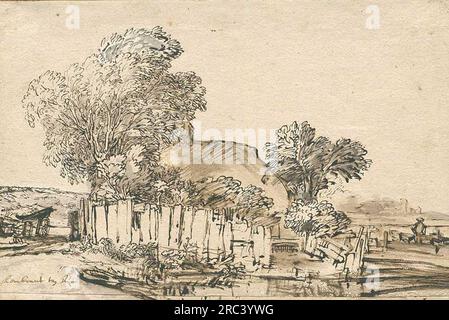 Cottage mit Holzzaun inmitten von Bäumen aus dem Jahr 1648 von Rembrandt Stockfoto