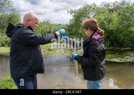 Dorney, Großbritannien. 12. Juli 2023. Die Bürgerwissenschaftler Dave und Jacqui Wallace, die im Auftrag der Henley River Action Group tätig waren, haben heute Tests der Wasserverschmutzung in Roundmoor Ditch (im Bild) in Dorney Common in Buckinghamshire mit Testgeräten von Earthwatch Europe durchgeführt. Die Überwachung der Dauer von Thames Water Event (EDM) zeigt, dass Themsenwasser aus den nahe gelegenen Kläranlagen für Thames Water Slough in den Roundmoor-Graben eingelaufen ist. Die letzte EDM-Einleitung wurde jedoch am 21. Januar 2023 erfasst. Die Ergebnisse der heutigen Tests auf dem trüben Wasser in Roundmoor Graben Stockfoto