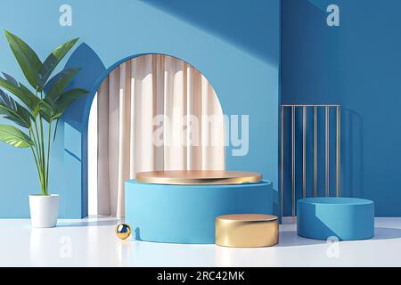 Blaues Podium mit Hausmodell und giftbox 3D abstrakter Hintergrund, leerer Hintergrund, Standfuß, Produktdisposition Stockfoto