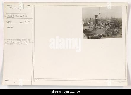 Dieses Foto zeigt LT. Carl T. Thonor vom Signalkorps. Das Foto wurde am 1. März 1919 aufgenommen und zeigt einen Panoramablick auf das Benzinbecken und den Quad Madagaskar in der Stadt Le Havre, Frankreich. Es wurde von Sumber herausgegeben und am 12. Dezember 1914 aufgenommen. Mit diesem Bild sind zusätzliche Hinweise verknüpft. Stockfoto