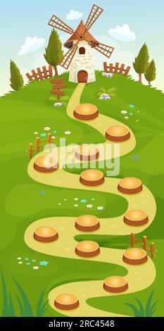 Spielplan Wald gui Hintergrund, Windmühle und Zaunvorlage in Cartoon-Stil, gelegentliche isometrische Ansicht. Dekoriert mit Steinen, Bäumen, Teich. . Vektordarstellung Stock Vektor