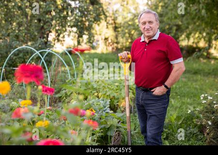 Ein erwachsener Mann stand entspannt neben Blumen mit einer Schaufel im Garten und lächelte Stockfoto