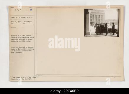 Gouverneur General von Kanada, Herzog von Devonshire, Ankunft im Chateau Laurier Hotel für ein Mittagessen während Sir Frederick Smith's Tour durch die USA und Kanada. Foto aufgenommen von Corp. N.W. Alley, E. S. C. am 5. Februar 1918. Veröffentlicht von W.C.D. an Phot Div., S.C. zur Veröffentlichung. Stockfoto