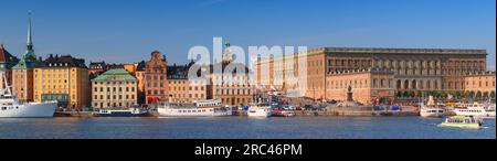 Panorama der Stadt Stockholm, Schweden. Gamla Stan Ufer (Altstadt) in Stockholm. Stockfoto