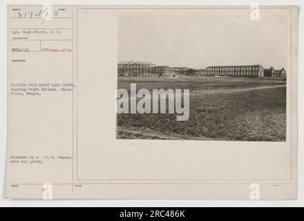 Sergeant Jack Abbott, ein Mitglied des Signalkorps, machte dieses Foto am 12. Juni 1918. Das Bild zeigt einen Blick von der Sancerry-Linie in Abainville, Frankreich, nach Süden. Er nimmt eine leichte Eisenbahn auf, die während des Ersten Weltkriegs verwendet wurde. Das Foto wurde vom A.E.F. Censor herausgegeben. Stockfoto