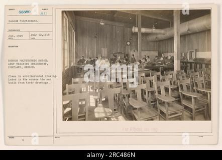 Benson Polytechnic School Army Training Einheit in Portland, Oregon. Auf diesem Foto, das im Januar 1919 aufgenommen wurde, wird ein Kurs gezeigt, der sich mit architektonischem Zeichnen beschäftigt. Die Männer bauten später Gebäude auf der Grundlage ihrer Zeichnungen als Teil ihres Kurses. Dieses Bild ist Teil der Sammlung „Fotografien amerikanischer Militäraktivitäten während des Ersten Weltkriegs“. Stockfoto