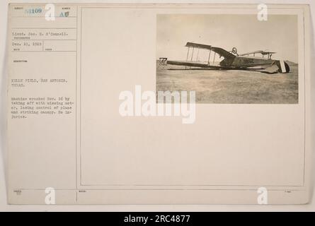 Kelly Field in San Antonio, Texas, war am 16. November Schauplatz eines Maschinenwracks. Der Vorfall ereignete sich, als das Flugzeug versuchte, mit einem fehlenden Motor zu starten, was zu einem Verlust der Kontrolle und einer Kollision mit der Haube des Flugzeugs führte. Glücklicherweise wurden keine Verletzungen gemeldet, wie Lieutenant Jos bestätigte. H. O'Connell am 10. Dezember 1918. Stockfoto