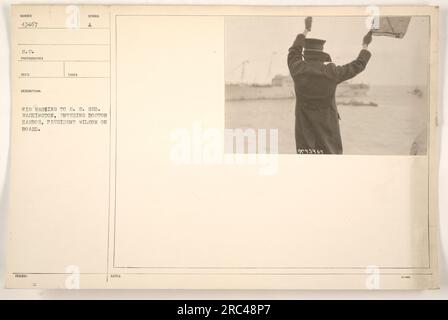 Abbildung 111-SC-43467 zeigt die S.S. George Washington betritt den Hafen von Boston im Ersten Weltkrieg Präsident Wilson ist an Bord. Der Fotograf scheint ein Beamter der Reco Agentur zu sein. Dieses Bild wurde aufgenommen und mit dem Symbol Einer PERÜCKE FÜR S. S. S. George Washington ausgestellt. Stockfoto
