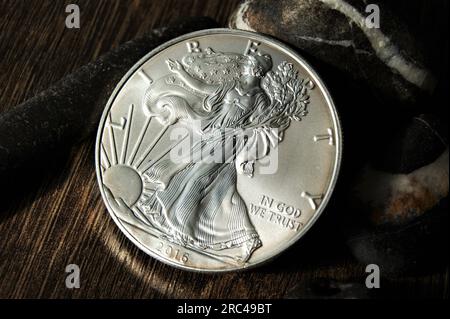 Schwarzweiß-Foto-Silbermünze Liberty. US-Anlageinvestition Silbermünze 1 Dollar. Stockfoto