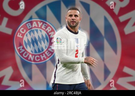 FOTOMONTAGE: Kyle WALKER ist Thomas Tuchels Traumspieler und möchte zum FC Bayern München wechseln. ARCHIVFOTO; Kyle WALKER (eng), Action, Einzelbild, zugeschnittenes Einzelmotiv, Halbe Figur, halbe Figur. Halbfinale, Game M50, England (eng) - Dänemark (DEN) 2-1 NV am 7. Juli 2021 im London/Wembley Stadium. Fußball EM 2020 ab 06/11/2021-07/11/2021. ? Stockfoto