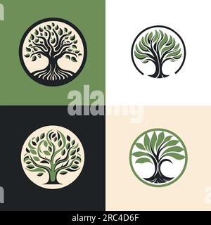 Großer Baum Logo-Satz. Flache, einfache grüne Formen Silhouette Symbol Eco Wealth Konzept. Vektordarstellung der Ökofamilie eines Bauernhofs Stock Vektor