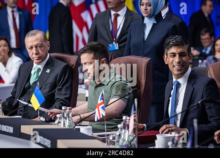 Vilnius, Litauen. 12. Juli 2023. Von links nach rechts nehmen der türkische Präsident Recep Tayyip Erdogan, der ukrainische Präsident Volodymyr Zelensky und der britische Premierminister Rishi Sunak am zweiten Tag des NATO-Gipfels am 12. Juli 2023 in Vilnius, Litauen, Teil. Foto: Pressestelle des türkischen Präsidenten/Kredit: UPI/Alamy Live News Stockfoto