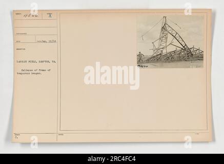 Das Bild zeigt einen zusammengefallenen Rahmen eines temporären Hangars in Langley Field, Hampton, VA. Das Foto wurde am 15. Januar 1918 aufgenommen. Der Fotograf benötigt eine Beschreibung der Quelle. Das Bild trägt die Referenznummer 111-SC-4566 BURET: 4566 und hat zusätzliche Hinweise mit der Bezeichnung A-511. Stockfoto