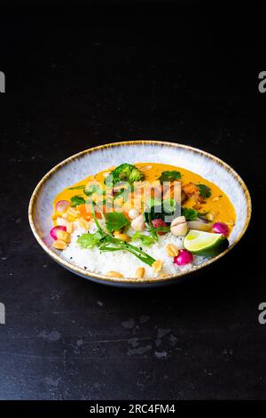 Thailändisches Hähnchen und Erdnuss-Curry mit Reis, dunkler Hintergrund, Draufsicht. Asiatisches Küchenkonzept. Stockfoto