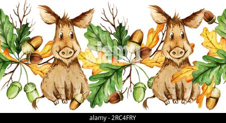 Aquarell nahtlose Umrandung mit Cartoon-Eber mit Herbstblättern und Samen, handgezeichnete Illustration von gelben und orangefarbenen Eichenblättern und Eicheln, zeichnen Stockfoto