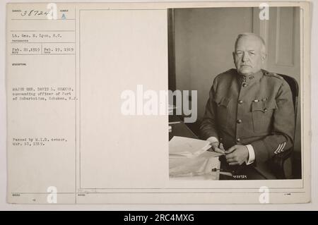 Bildunterschrift: Major General David L. Shanks, befehlshabender Offizier des Anlegehafens, Hoboken, N.J., im Ersten Weltkrieg Das Foto wurde am 19. Februar 1919 von LT. Geo aufgenommen H. Lyon, S.C. Es wurde am 10. März 1919 vom M.I.D.-Zensor verabschiedet. Dieses Bild ist Teil der Sammlung „Fotografien amerikanischer Militäraktivitäten während des Ersten Weltkriegs“. (111-SC-38724) Stockfoto