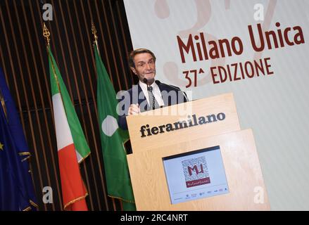 Mailand, Italien. 12. Juli 2023. Mailand, Italien Milano Unica 2024-2025 internationale Ausstellung für Textilien und Accessoires Präsentationskonferenz auf der Fiera Milano Rho auf Foto: Attilio Fontana Präsident der Region Lombardei Kredit: Unabhängige Fotoagentur/Alamy Live News Stockfoto