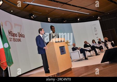 Mailand, Italien. 12. Juli 2023. Mailand, Italien Milano Unica 2024-2025 internationale Ausstellung für Textilien und Accessoires Präsentationskonferenz auf der Fiera Milano Rho auf Foto: Attilio Fontana Präsident der Region Lombardei Kredit: Unabhängige Fotoagentur/Alamy Live News Stockfoto