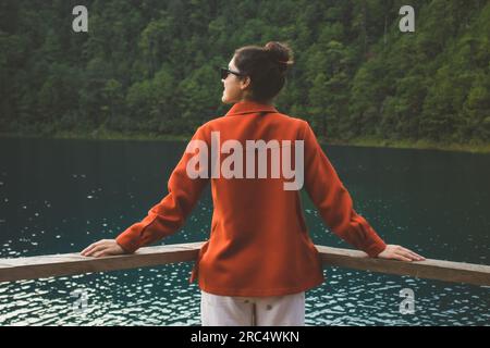 Rückansicht einer jungen Frau in legerer Kleidung und Sonnenbrille, die mit den Händen am Holzgeländer am Rand des dunklen sumpfigen Flusses am tropischen Wald in M steht Stockfoto