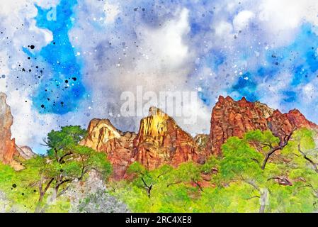 Digital erstelltes Aquarellgemälde des Court of the Patriarchs, der drei Patriarchen im Zion-Nationalpark Stockfoto