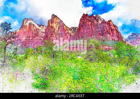 Digital erstelltes Aquarellgemälde des Court of the Patriarchs, der drei Patriarchen im Zion-Nationalpark Stockfoto