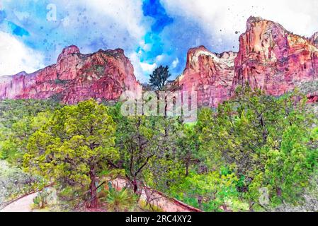 Digital erstelltes Aquarellgemälde des Court of the Patriarchs, der drei Patriarchen im Zion-Nationalpark Stockfoto