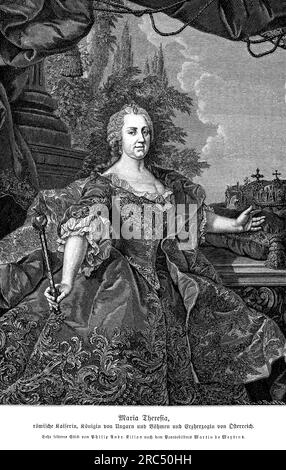 Porträt von Maria Theresia, auch bekannt als Maria Theresa, Erzherzogin von Österreich und Königin von Ungarn und Böhmen von 1740 bis zu ihrem Tod 1780. Sie war eine bemerkenswerte Herrscherin und eine der einflussreichsten Persönlichkeiten der europäischen Geschichte. Maria Theresia ist bekannt für ihre Bemühungen, die Habsburger Monarchie zu modernisieren und zu zentralisieren. Sie führte verschiedene Reformen in Bereichen wie Bildung, Steuern und Militär durch. Maria Theresia war eine kompetente Verwaltungsrätin und meisterte politische Herausforderungen und Konflikte erfolgreich, einschließlich des Erbfolgekrieges Österreichs und des Siebenjährigen Krieges. Sie auch Stockfoto