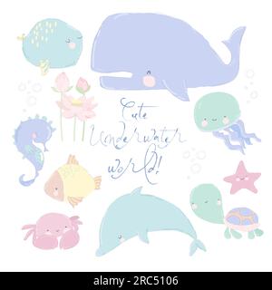 Fische und wilde Meerestiere sind auf weißem Hintergrund isoliert. Bewohner der Meereswelt, süße, lustige Unterwasserkreaturen Stock Vektor