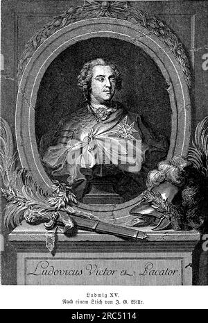 Portrait von Ludwig XV. König von Frankreich von 1715 bis zu seinem Tod 1774, was ihn zu einem der längsten regierenden Monarchen in der europäischen Geschichte macht. Er folgte seinem Urgroßvater Ludwig XIV. Im Alter von fünf Jahren, und während seiner Herrschaft erlebte Frankreich bedeutende kulturelle, wirtschaftliche und politische Veränderungen. Ludwig XV wird oft mit dem Niedergang der französischen Monarchie in Verbindung gebracht, da seine Herrschaft von zahlreichen militärischen Niederlagen, Finanzkrisen und sozialen Unruhen geprägt war. Trotz dieser Herausforderungen war Ludwig XV ein Schirmherrn der Künste und ein Liebhaber der Musik, und er unterstützte die Entwicklung der französischen Kultur Stockfoto