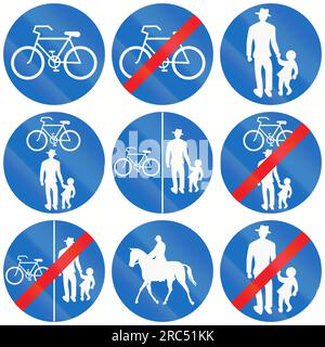 Sammlung österreichischer Verkehrsschilder für Radweg, Fußgängerzone und Bridleway. Stockfoto