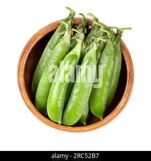 Frische Erbsenschalen in einer Holzschüssel. Ein Haufen Hülsen mit grünen Erbsen, den Früchten und Samen von Pisum sativum, einer blühenden jährlichen Pflanze. Stockfoto