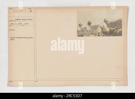 Französische Soldaten demonstrierten den Einsatz von Granaten im Ersten Weltkrieg. Dieses Foto wurde am 5. Februar 1918 aufgenommen und zeigt eine Trainingssitzung, die vom Signalkorps der US-Armee durchgeführt wurde. Die Soldaten werden dabei gesehen, wie sie die richtigen Handhabungstechniken für Granaten demonstrieren. Dieses Bild ist Teil der Fotosammlung, die amerikanische Militäraktionen während des Krieges dokumentiert. Stockfoto