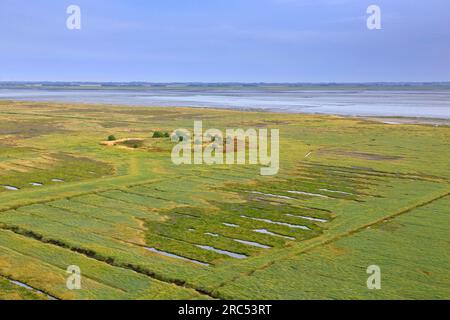 Blick aus der Vogelperspektive auf Salzmarsch/Salzwasser und Schlammgebiete im Sommer, Wadden Sea National Park, Nordfriesland, Schleswig-Holstein, Deutschland Stockfoto