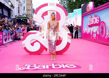 Dua Lipa kommt zur europäischen Premiere von Barbie am Cineworld Leicester Square in London. Bilddatum: Mittwoch, 12. Juli 2023. Stockfoto