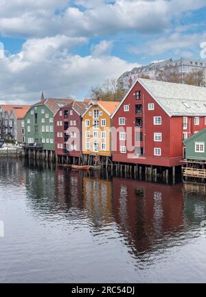 Farbenfrohe Lagerhäuser aus dem 17. Jahrhundert auf der anderen Seite des Nidelva Flusses von der Old Town Bridge (Gamle bybro), dem Stadtzentrum, Trondheim, Trøndelag County, Norwegen Stockfoto