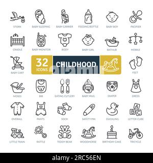 Kinder-Icons-Paket. Symbole für dünne Linien festgelegt. Einfache Vektorsymbole Stock Vektor