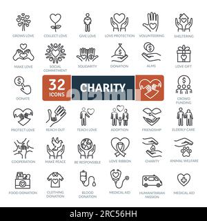 Charity Icons-Paket. Symbole für dünne Linien festgelegt. Einfache Vektorsymbole Stock Vektor