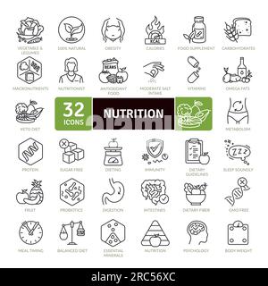 Ernährung und gesunde Ernährung Icon Pack. Sammlung von dünnen Symbolen, die die digitale Navigation unterstützen Stock Vektor