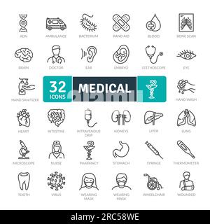 Icons-Paket für das Gesundheitswesen und die Medizin. Thin Line Healthcare Set. Flaches Symbol für Medizin Stock Vektor