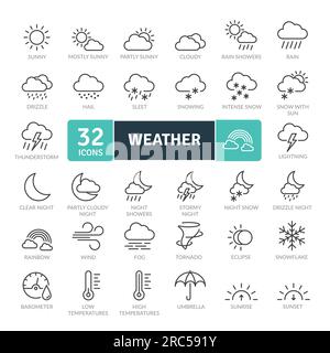 Wettersymbole Paket. Symbole für dünne Linien festgelegt. Einfache Vektorsymbole Stock Vektor