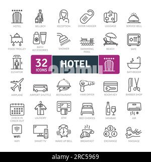 Hotel- und Unterbringungsservices Icons Pack. Symbole für dünne Linien festgelegt. Einfache Vektorsymbole Stock Vektor