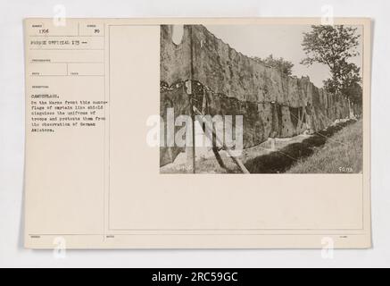 Abbildung 111-SC-1706 zeigt Soldaten an der Marne-Front, die ihre Uniformen tarnen und sich vor deutschen Piloten verstecken. Das Foto wurde von einem offiziellen französischen Fotografen aufgenommen und zeigt einen vorhangähnlichen Schild, der die Truppen schützt und verhindert, dass sie von feindlichen Kräften entdeckt werden. Dieses Bild ist in der offiziellen Fotoserie 173 mit 1706 gekennzeichnet. Stockfoto