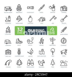 Camping-Icons-Pack. Symbole für dünne Linien festgelegt. Einfache Vektorsymbole Stock Vektor