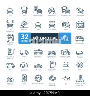 Auto-Icons-Paket. Symbole für dünne Linien festgelegt. Einfache Vektorsymbole Stock Vektor