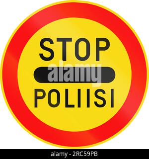 Straßenschild 392 in Finnland - Polizeikontrolle voraus, vorbei ohne vorher anzuhalten verboten. Die Worte bedeuten Stopp - Polizei. Stockfoto