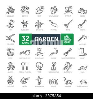 Set Mit Gartensymbolen. Symbole für dünne Linien festgelegt. Einfache Vektorsymbole Stock Vektor