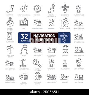Symbolpaket für Unterstützung der terrestrischen Navigation. Sammlung von dünnen Symbolen, die die digitale Navigation unterstützen Stock Vektor