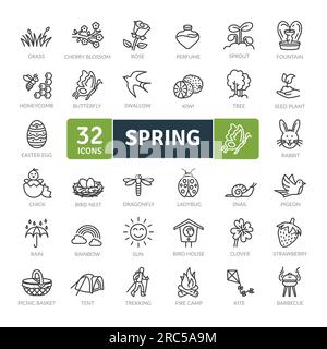 Frühlingsausrüstung Symbolpaket. Symbole für dünne Linien festgelegt. Einfache Vektorsymbole Stock Vektor